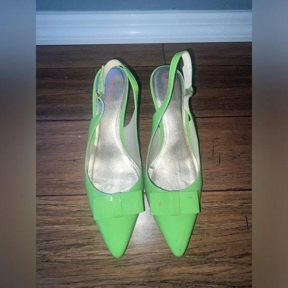 💚 Y2k Slingback heels kitten heels bow heels vintage green pumps patent heel - Picture 11 of 11